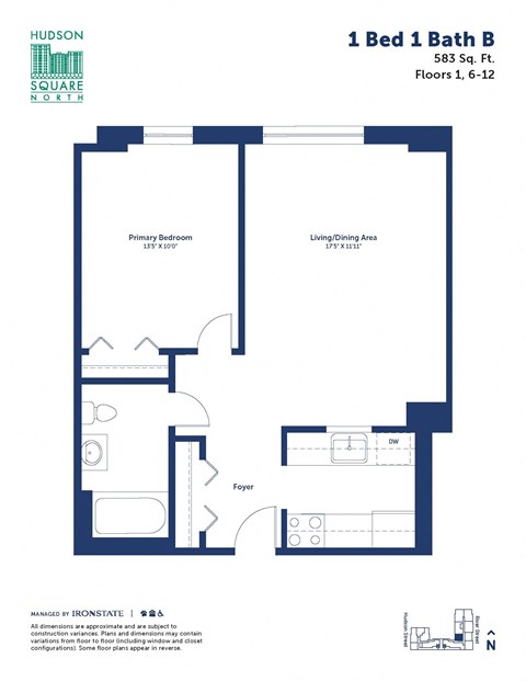 Floor plan for 1 bed, 1 bath, 583 sqft